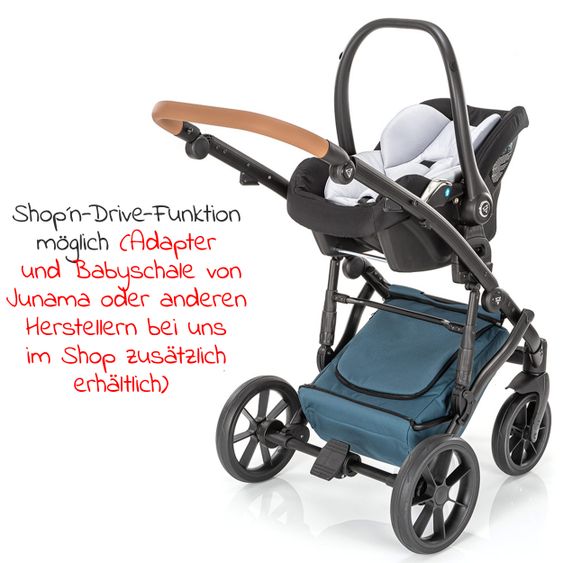 Junama Set passeggino 2in1 Combi Space con navicella, seggiolino sportivo, borsa fasciatoio, cuscino per i piedi e cuscino per le mani - Verde