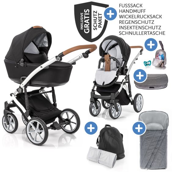 Junama 2in1 Kombikinderwagen-Set Space inkl.- Babywanne, Sportsitz, Wickeltasche, Fußsack & Handmuff - Schwarz