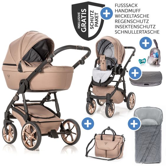 Junama 2in1 Kombikinderwagen-Set Termo Line Tex inkl.- Babywanne, Sportsitz, Wickeltasche, Fußsack & Handmuff - Beige