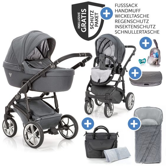 Junama 2in1 Kombikinderwagen-Set Termo Line Tex inkl.- Babywanne, Sportsitz, Wickeltasche, Fußsack & Handmuff - Grau