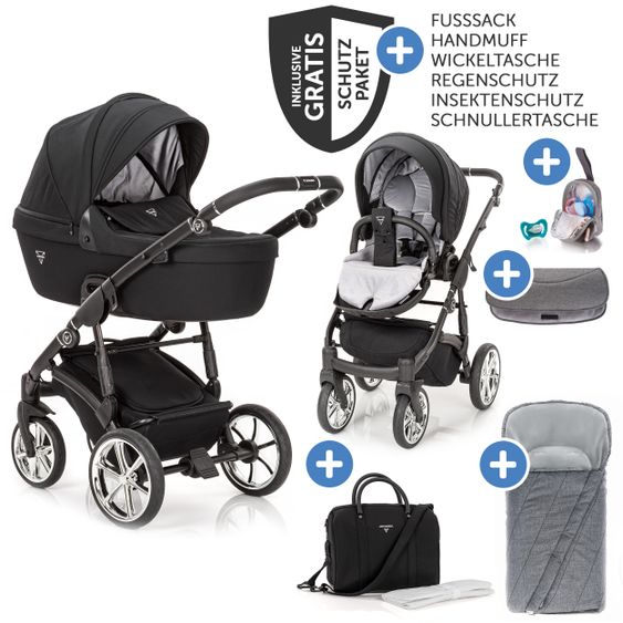 Junama 2in1 Kombikinderwagen-Set Termo Line Tex inkl.- Babywanne, Sportsitz, Wickeltasche, Fußsack & Handmuff - Schwarz