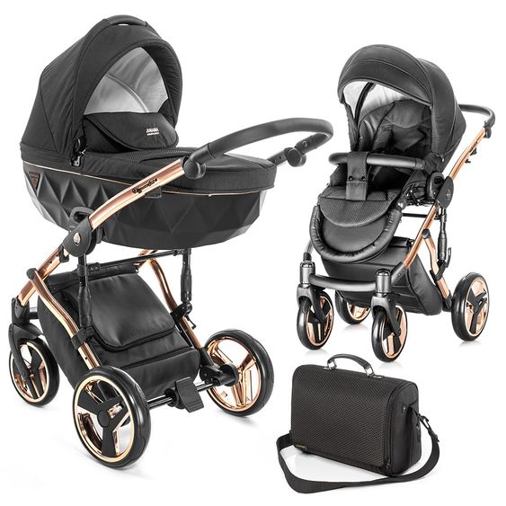 Junama Kombi-Kinderwagen Diamond Individual inkl. Babywanne, Sportsitz, Wickeltasche & Regenschutz - Schwarz Rosegold