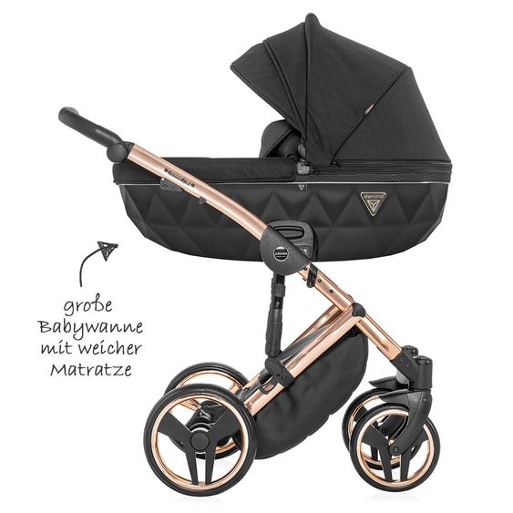 Junama Kombi-Kinderwagen Diamond Individual inkl. Babywanne, Sportsitz, Wickeltasche & Regenschutz - Schwarz Rosegold