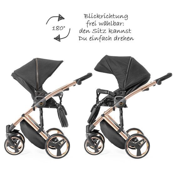 Junama Kombi-Kinderwagen Diamond Individual inkl. Babywanne, Sportsitz, Wickeltasche & Regenschutz - Schwarz Rosegold