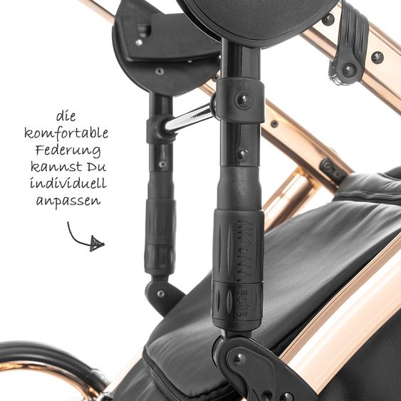 Junama Kombi-Kinderwagen Diamond Individual inkl. Babywanne, Sportsitz, Wickeltasche & Regenschutz - Schwarz Rosegold