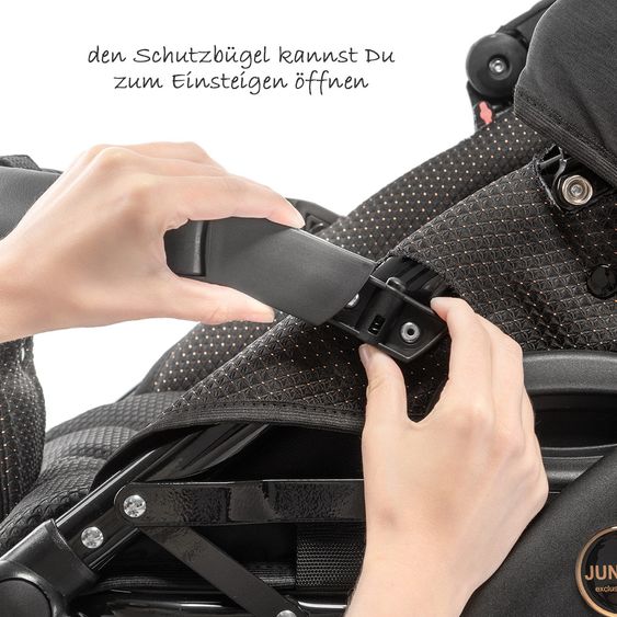 Junama Kombi-Kinderwagen Diamond Individual inkl. Babywanne, Sportsitz, Wickeltasche & Regenschutz - Schwarz Rosegold