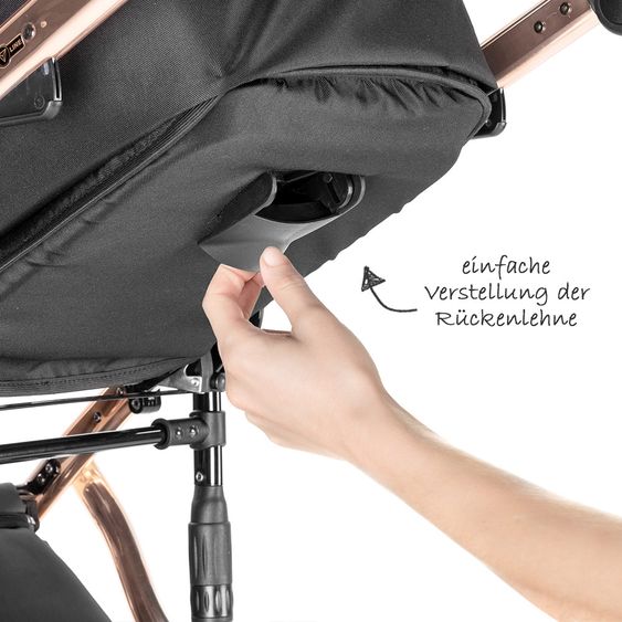 Junama Kombi-Kinderwagen Diamond Individual inkl. Babywanne, Sportsitz, Wickeltasche & Regenschutz - Schwarz Rosegold