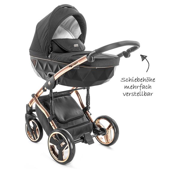 Junama Kombi-Kinderwagen Diamond Individual inkl. Babywanne, Sportsitz, Wickeltasche & Regenschutz - Schwarz Rosegold