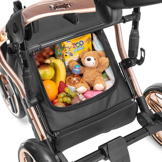 Junama Kombi-Kinderwagen Diamond Individual inkl. Babywanne, Sportsitz, Wickeltasche & Regenschutz - Schwarz Rosegold