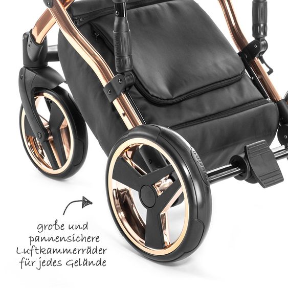 Junama Kombi-Kinderwagen Diamond Individual inkl. Babywanne, Sportsitz, Wickeltasche & Regenschutz - Schwarz Rosegold