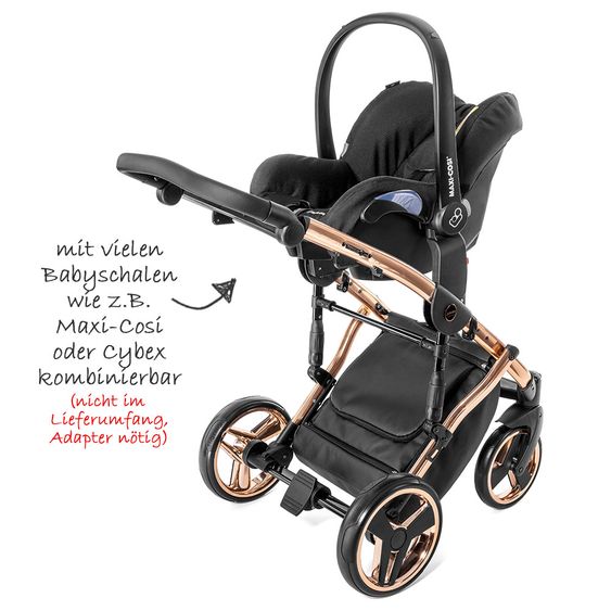 Junama Kombi-Kinderwagen Diamond Individual inkl. Babywanne, Sportsitz, Wickeltasche & Regenschutz - Schwarz Rosegold