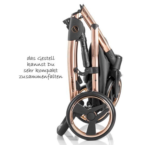 Junama Kombi-Kinderwagen Diamond Individual inkl. Babywanne, Sportsitz, Wickeltasche & Regenschutz - Schwarz Rosegold