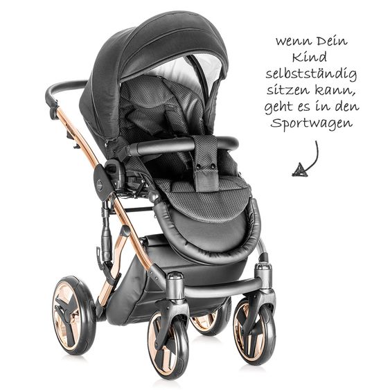 Junama Kombi-Kinderwagen Diamond Individual inkl. Babywanne, Sportsitz, Wickeltasche & Regenschutz - Schwarz Rosegold