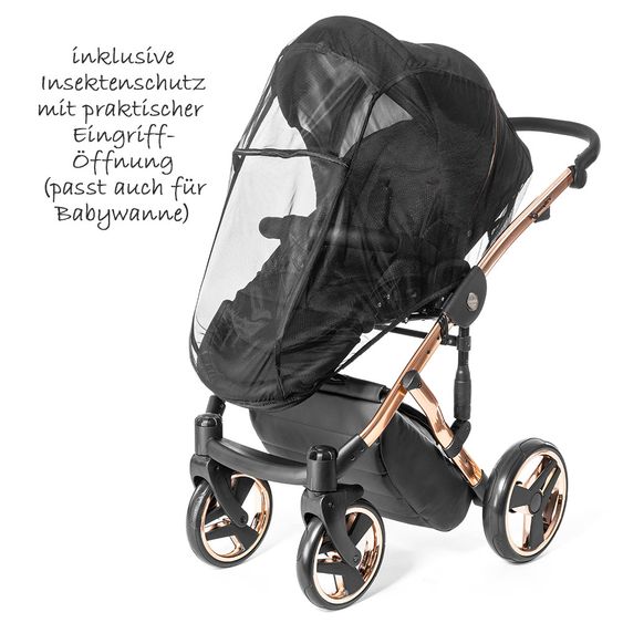 Junama Kombi-Kinderwagen Diamond Individual inkl. Babywanne, Sportsitz, Wickeltasche & Regenschutz - Schwarz Rosegold