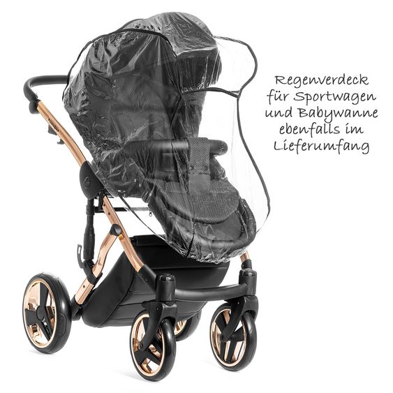 Junama Kombi-Kinderwagen Diamond Individual inkl. Babywanne, Sportsitz, Wickeltasche & Regenschutz - Schwarz Rosegold