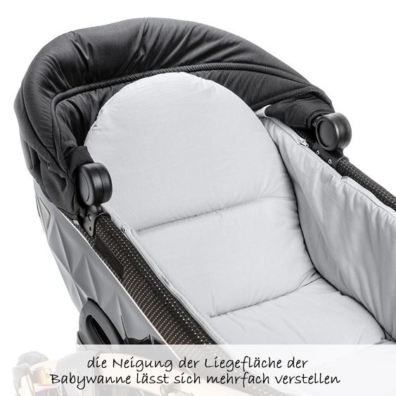 Junama Kombi-Kinderwagen Diamond Individual inkl. Babywanne, Sportsitz, Wickeltasche & Regenschutz - Schwarz Rosegold