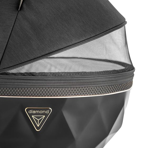 Junama Kombi-Kinderwagen Diamond Individual inkl. Babywanne, Sportsitz, Wickeltasche & Regenschutz - Schwarz Rosegold