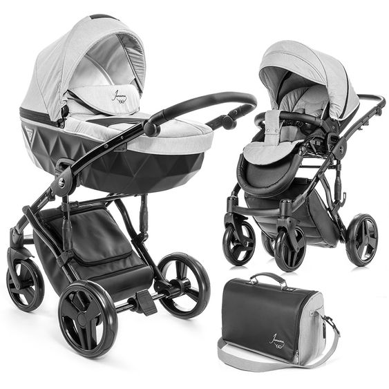 Junama Kombi-Kinderwagen Diamond inkl. Babywanne, Sportsitz, Wickeltasche & Regenschutz -  Grau