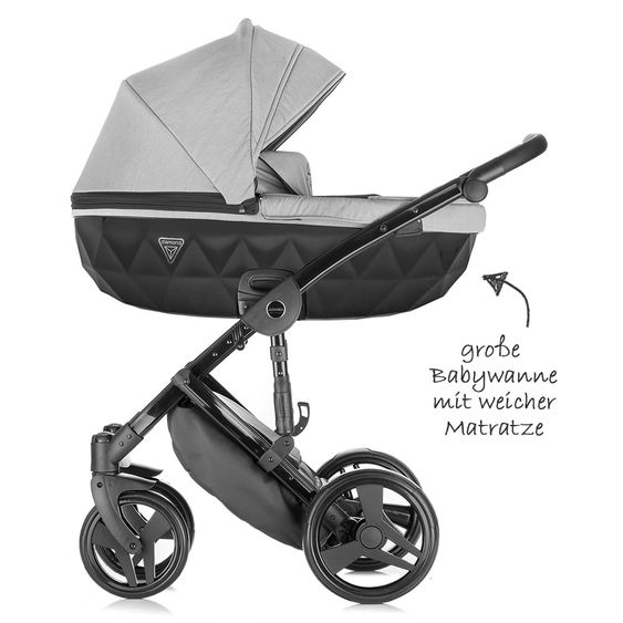 Junama Kombi-Kinderwagen Diamond inkl. Babywanne, Sportsitz, Wickeltasche & Regenschutz -  Grau