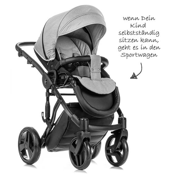 Junama Kombi-Kinderwagen Diamond inkl. Babywanne, Sportsitz, Wickeltasche & Regenschutz -  Grau