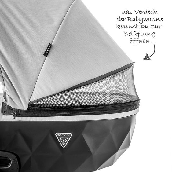 Junama Kombi-Kinderwagen Diamond inkl. Babywanne, Sportsitz, Wickeltasche & Regenschutz -  Grau