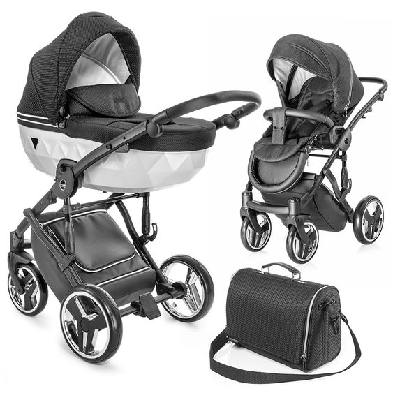 Junama Kombi-Kinderwagen Diamond Mirror inkl. Babywanne, Sportsitz, Wickeltasche & Regenschutz - Satin Hellgrau