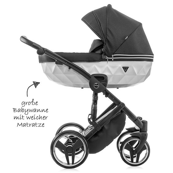 Junama Kombi-Kinderwagen Diamond Mirror inkl. Babywanne, Sportsitz, Wickeltasche & Regenschutz - Satin Hellgrau