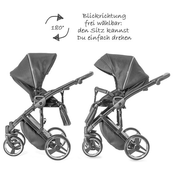 Junama Kombi-Kinderwagen Diamond Mirror inkl. Babywanne, Sportsitz, Wickeltasche & Regenschutz - Satin Hellgrau