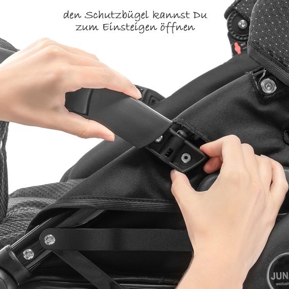 Junama Kombi-Kinderwagen Diamond Mirror inkl. Babywanne, Sportsitz, Wickeltasche & Regenschutz - Satin Hellgrau