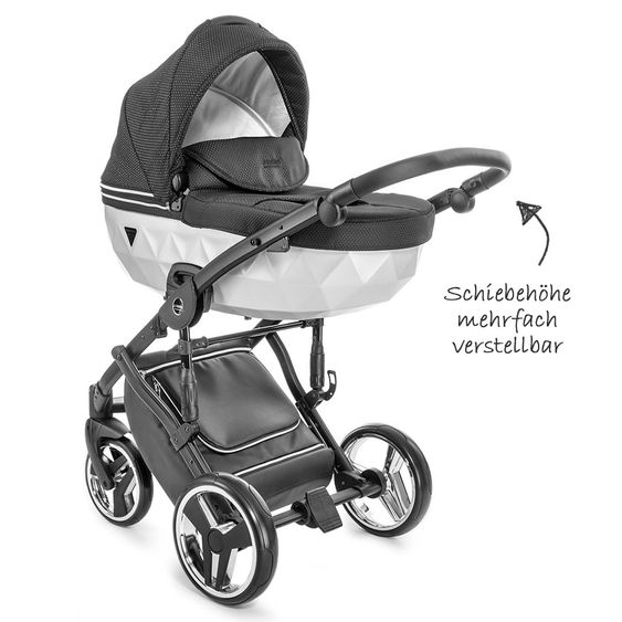 Junama Kombi-Kinderwagen Diamond Mirror inkl. Babywanne, Sportsitz, Wickeltasche & Regenschutz - Satin Hellgrau