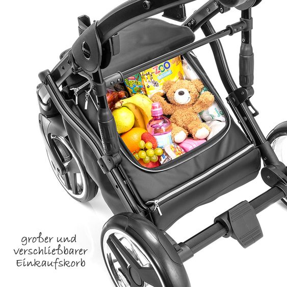 Junama Kombi-Kinderwagen Diamond Mirror inkl. Babywanne, Sportsitz, Wickeltasche & Regenschutz - Satin Hellgrau