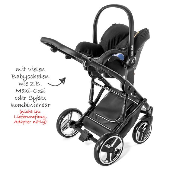 Junama Kombi-Kinderwagen Diamond Mirror inkl. Babywanne, Sportsitz, Wickeltasche & Regenschutz - Satin Hellgrau