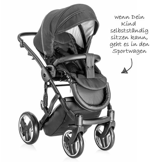 Junama Kombi-Kinderwagen Diamond Mirror inkl. Babywanne, Sportsitz, Wickeltasche & Regenschutz - Satin Hellgrau