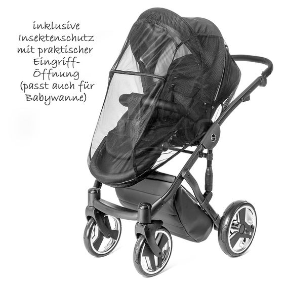 Junama Kombi-Kinderwagen Diamond Mirror inkl. Babywanne, Sportsitz, Wickeltasche & Regenschutz - Satin Hellgrau