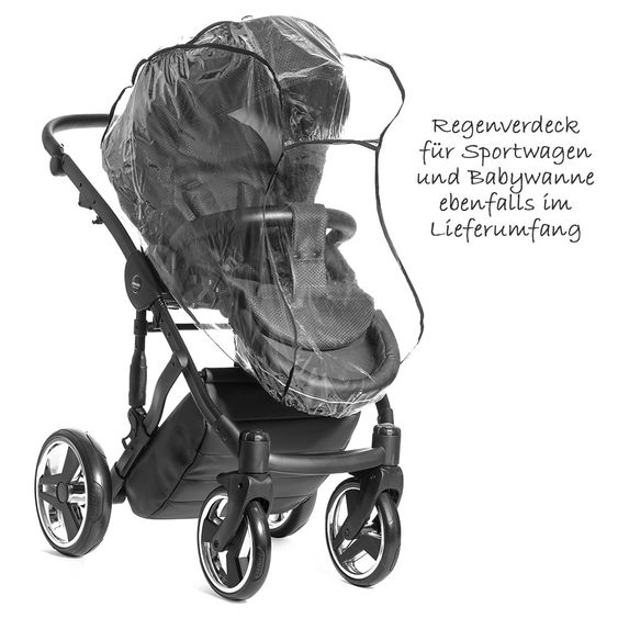 Junama Kombi-Kinderwagen Diamond Mirror inkl. Babywanne, Sportsitz, Wickeltasche & Regenschutz - Satin Hellgrau