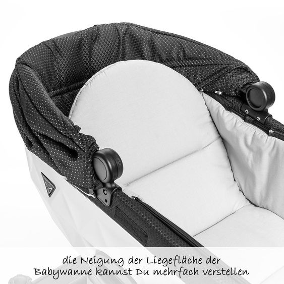 Junama Kombi-Kinderwagen Diamond Mirror inkl. Babywanne, Sportsitz, Wickeltasche & Regenschutz - Satin Hellgrau