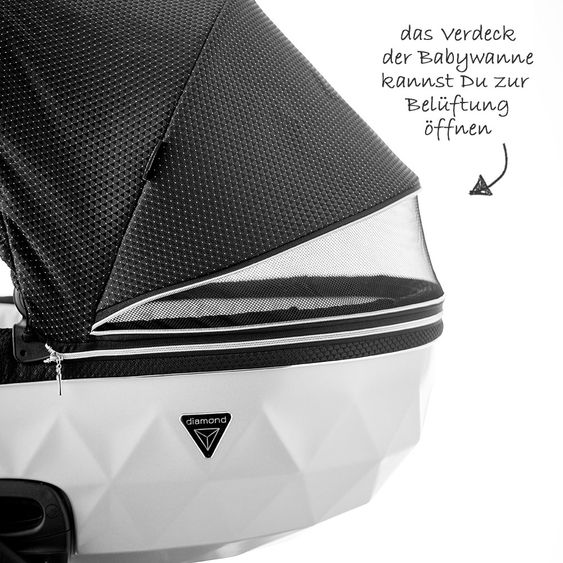 Junama Kombi-Kinderwagen Diamond Mirror inkl. Babywanne, Sportsitz, Wickeltasche & Regenschutz - Satin Hellgrau