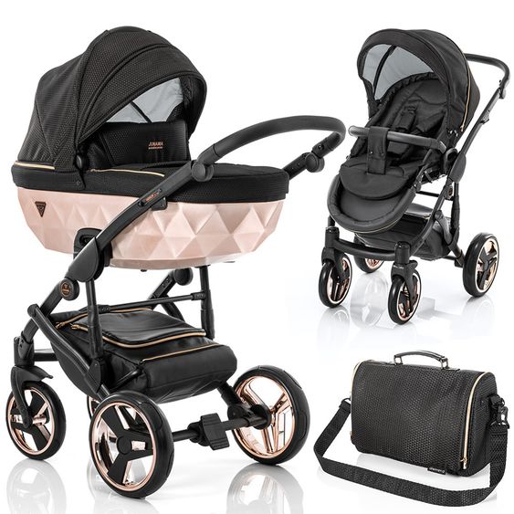 Junama Kombi-Kinderwagen Diamond Mirror inkl. Sportwagen, Babywanne, Wickeltasche, Beindecke & Regenschutz - Schwarz Rose 