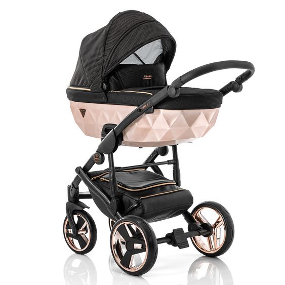 Junama Kombi-Kinderwagen Diamond Mirror inkl. Sportwagen, Babywanne, Wickeltasche, Beindecke & Regenschutz - Schwarz Rose 