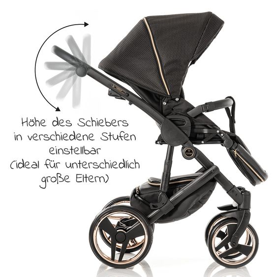 Junama Kombi-Kinderwagen Diamond Mirror inkl. Sportwagen, Babywanne, Wickeltasche, Beindecke & Regenschutz - Schwarz Rose 