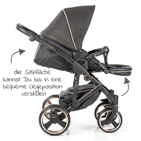 Junama Kombi-Kinderwagen Diamond Mirror inkl. Sportwagen, Babywanne, Wickeltasche, Beindecke & Regenschutz - Schwarz Rose 