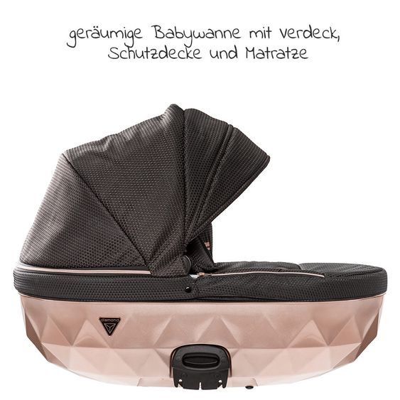 Junama Kombi-Kinderwagen Diamond Mirror inkl. Sportwagen, Babywanne, Wickeltasche, Beindecke & Regenschutz - Schwarz Rose 