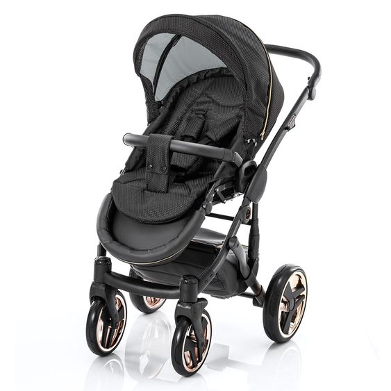 Junama Kombi-Kinderwagen Diamond Mirror inkl. Sportwagen, Babywanne, Wickeltasche, Beindecke & Regenschutz - Schwarz Rose 