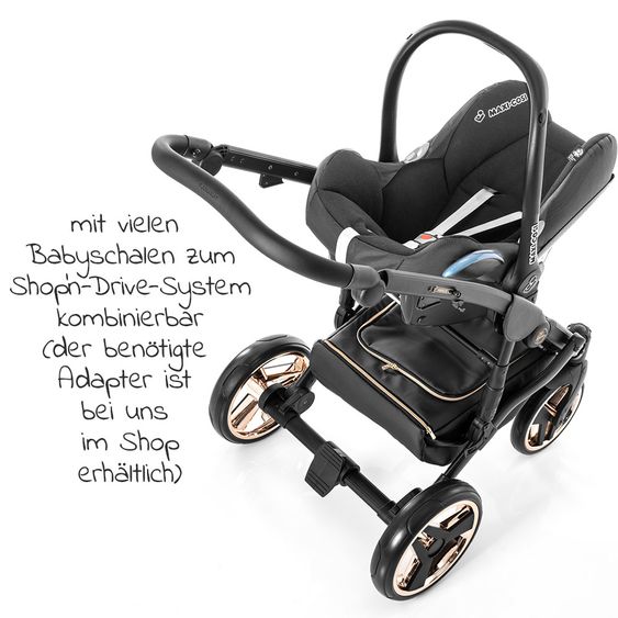 Junama Kombi-Kinderwagen Diamond Mirror inkl. Sportwagen, Babywanne, Wickeltasche, Beindecke & Regenschutz - Schwarz Rose 