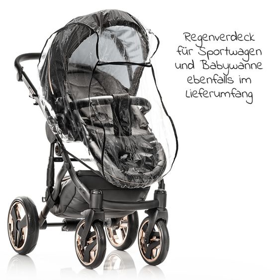 Junama Kombi-Kinderwagen Diamond Mirror inkl. Sportwagen, Babywanne, Wickeltasche, Beindecke & Regenschutz - Schwarz Rose 