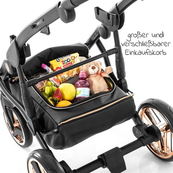 Junama Kombi-Kinderwagen Diamond Mirror inkl. Sportwagen, Babywanne, Wickeltasche, Beindecke & Regenschutz - Schwarz Rose 