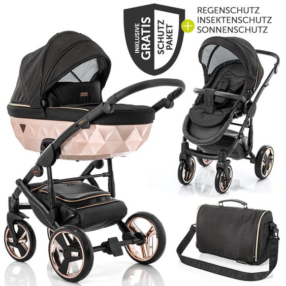 Junama Kombi-Kinderwagen Diamond Mirror inkl. Sportwagen, Babywanne, Wickeltasche, Beindecke + Zubehörpaket - Schwarz Rose