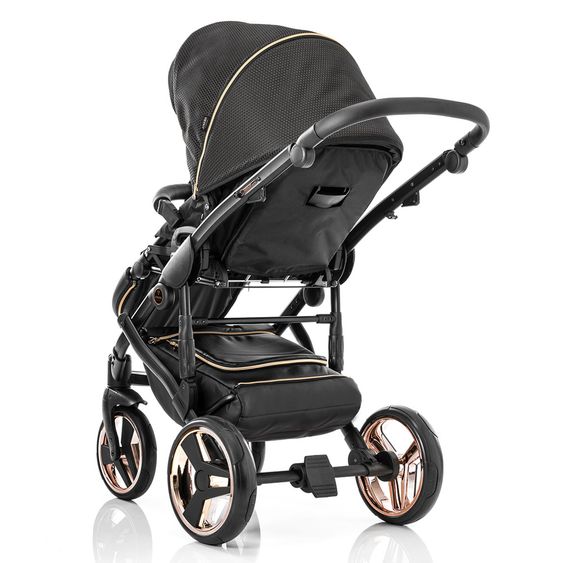 Junama Kombi-Kinderwagen Diamond Mirror inkl. Sportwagen, Babywanne, Wickeltasche, Beindecke + Zubehörpaket - Schwarz Rose