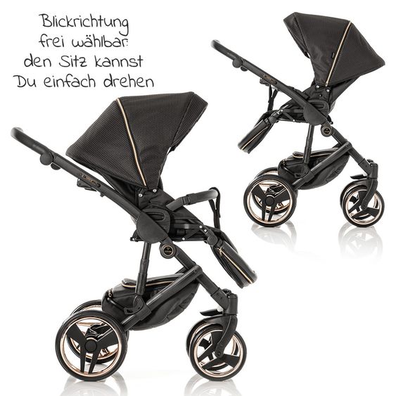 Junama Kombi-Kinderwagen Diamond Mirror inkl. Sportwagen, Babywanne, Wickeltasche, Beindecke + Zubehörpaket - Schwarz Rose