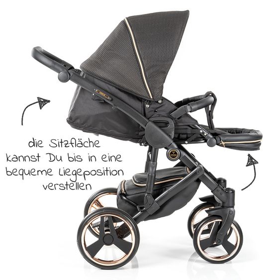 Junama Kombi-Kinderwagen Diamond Mirror inkl. Sportwagen, Babywanne, Wickeltasche, Beindecke + Zubehörpaket - Schwarz Rose